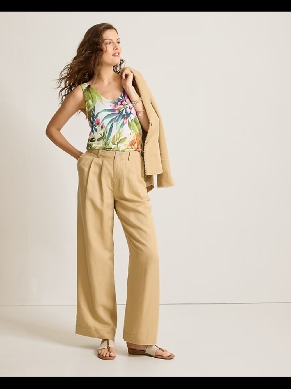 Tommy Bahama Twill Pleats Linen Blend Trousers Size 4 Tan Cora Raw-Edge SW121110